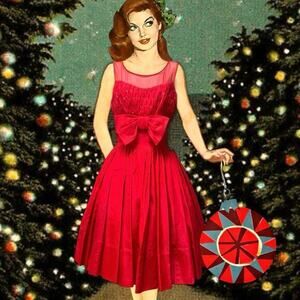 1950s Cupcake Red Party Dress Sheer Illusion Bodice Large Bow Holiday Gown